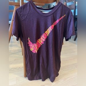 Nike “just do it” swoosh dri-fit workout tee. Deep purple. Women size L.